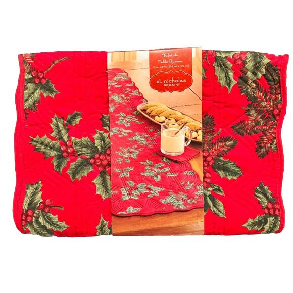 NWT ST. NICHOLAS SQUARE CHRISTMAS TRADITIONS TABLE RUNNER 13" x 54"  RED HOLLY - Picture 1 of 2